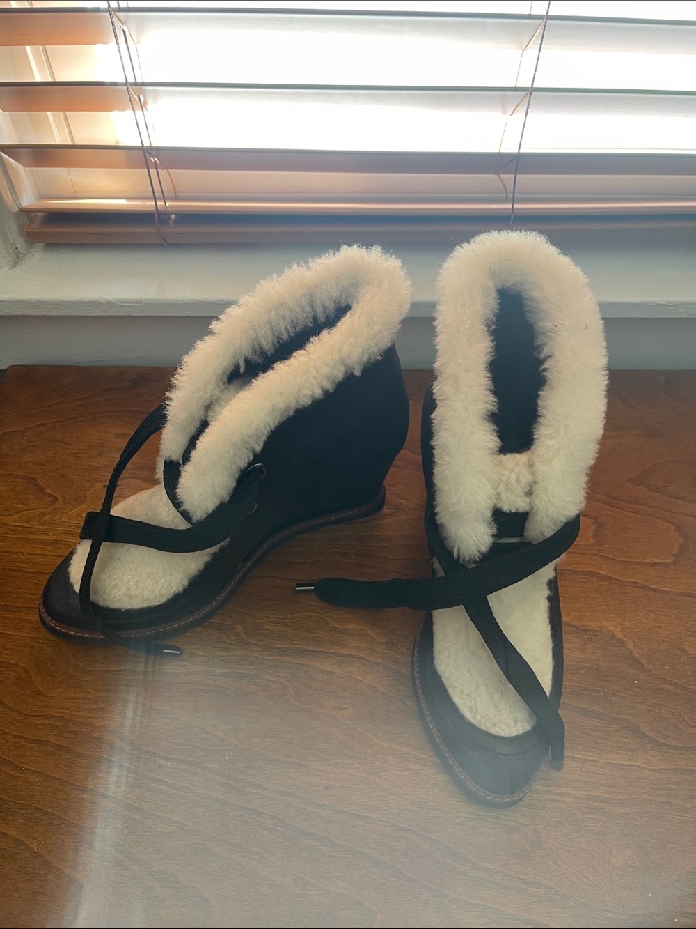 Women's Black Wedge Shearling Boots with White Fur Trim